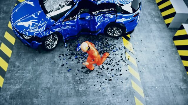 Crash test funny dummy, mannequin dancing. Car crash. Realistic 4k animation.