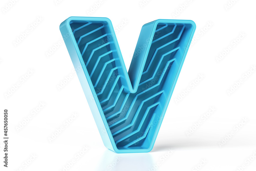Poster geometric 3d letter v in perspective view. cyan and teal shiny tones font set. high quality 3d rende