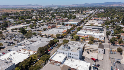 Daytime aerial view of the historic city center of Fairfield, California, USA.
