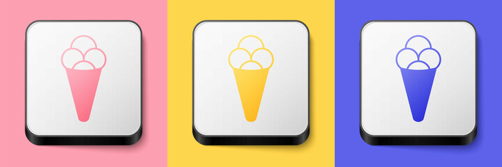 Isometric Ice cream in waffle cone icon isolated on pink, yellow and blue background. Sweet symbol. Square button. Vector