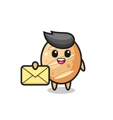 cartoon illustration of french bread holding a yellow letter