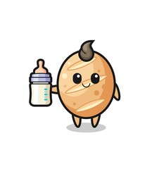 baby french bread cartoon character with milk bottle