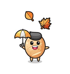 cartoon of the cute french bread holding an umbrella in autumn