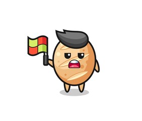 french bread character as line judge putting the flag up