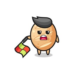 french bread character as line judge hold the flag down at a 45 degree angle