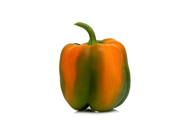 Beautifully shaped multicolored green-orange bell pepper. Seasonal harvest of vegetables. Close-up. Isolated on white background.