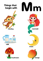 Things that start with the letter M. Educational, vector illustration for children.