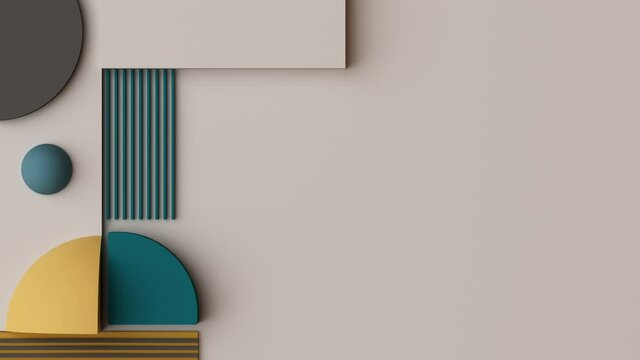abstract geometric pattern that are arranged with geometric shapes in the arrangement from the top view gradually increasing parts into with stop motion technique yellow green tone 3d render animation