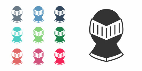Black Medieval iron helmet for head protection icon isolated on white background. Knight helmet. Set icons colorful. Vector
