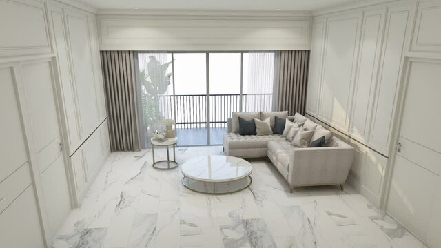 building up interior classic style of living room with white marble floor tile ,gray sofa, coffee table, stool fabric on carpet with wall lamp on feature walls and sheer curtain 3d render stop motion