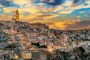Obraz premium Panoramic night view of Matera, Basilicata, Italy