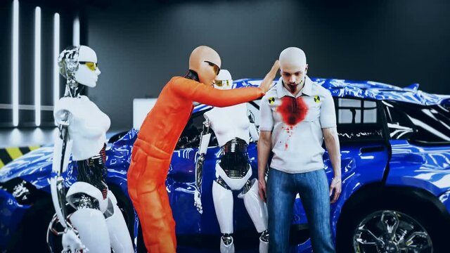 Robot crash test dummy and man. Future concept. Realistic 4k animation.