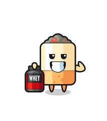 the muscular cigarette character is holding a protein supplement