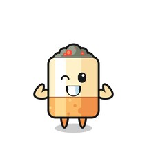 the muscular cigarette character is posing showing his muscles