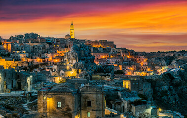 Fototapeta na wymiar Panoramic night view of Matera, Basilicata, Italy