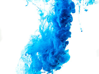 blue paint dissolves in water on a white background, like a cloud or smoke