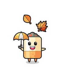 cartoon of the cute cigarette holding an umbrella in autumn