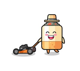 illustration of the cigarette character using lawn mower