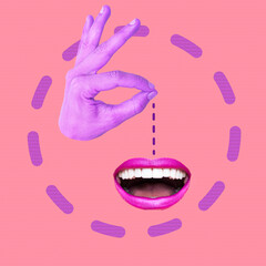 Contemporary minimal art collage. Surreal abstraction hand and smile mouth. Psychology, emotions concept