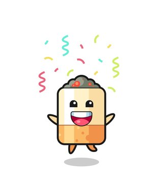 happy cigarette mascot jumping for congratulation with colour confetti