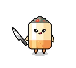 cute cigarette mascot as a psychopath holding a knife