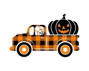 Halloween buffalo plaid truck  silhouette with pumpkin. Automobile with autumn harvest isolated on white background. Vector flat illustration. Design for banner, poster, sale, greeting card