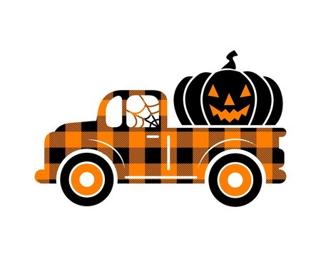 recommend clip art: Halloween buffalo plaid truck  silhouette with pumpkin. Automobile with autumn harvest isolated on white background. Vector flat illustration. Design for banner, poster, sale, greeting card
