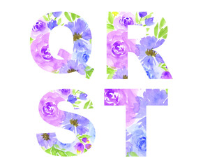 Capital English letters set,Letter QRST. Vector watercolor alphabet, digital brush strokes, flowers paint patterns.