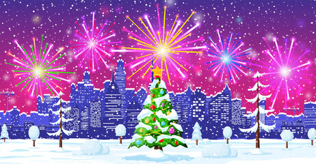 Christmas Card with Urban Landscape and Fireworks. Cityscape with Skyscraper Houses with Salute in Night. Winter City Cozy Town City Panorama. New Year Christmas Xmas Banner. Flat Vector Illustration