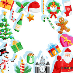 Christmas greeting card background. Gift boxes, candycane, holly, sock, hat, gingerbread man, ball fur branches, santa, snowman. Wishes presents xmas new year eve. Vector illustration flat style