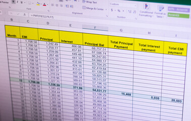 Shot of an excel sheet on computer screen showing bank loan amortization table. Accounting
