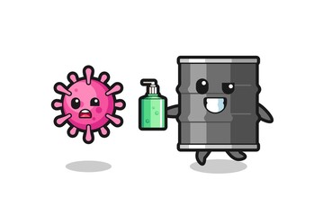 illustration of oil drum character chasing evil virus with hand sanitizer