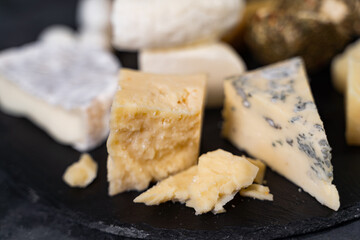 Gorgonzola and other types of cheese. Pieces of different cheeses on a plate. An appetizing gourmet delicacy. Close-up.