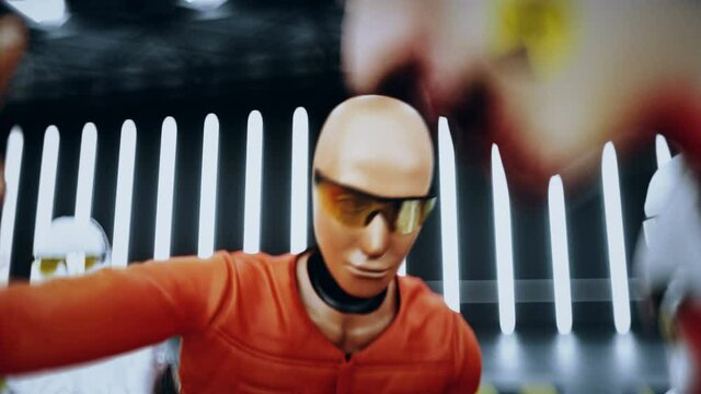 Robot crash test dummy and man. Future concept. Realistic 4k animation.