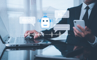 Computer mobile application use artificial intelligence chatbots automatically respond to online messages to help customers instantly.The concept is AI Chatbot intelligent digital service application