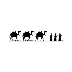 Magi with gifts and camels behind. Black silhouette on a white background.