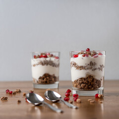 Yogurt with granola and pomegranate seeds in a glass on a wooden table and gray background. Front view, select focus.