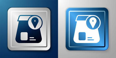 White Online ordering and fast food delivery icon isolated on blue and grey background. Silver and blue square button. Vector
