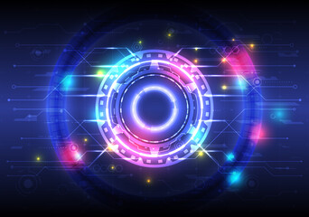 Futuristic Sci-Fi glowing HUD circle element. Abstract hi-tech background. Hologram of head-up display interface. Virtual reality technology of computer engineer. Colorful digital cyber
