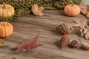 autumn background with a wooden table decorated with dried leaves and pumpkins