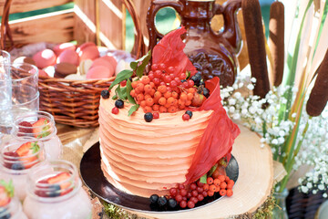 Autumn cake. Orange cake decorated with rowan berries, currants and rose hips. Fragment of a sweet table in a rustic style