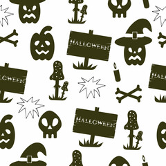 Happy Halloween seamless pattern with black silhouette skull and bones, pumpkin, fly agaric, speech bubble on white background. Vector illustration.