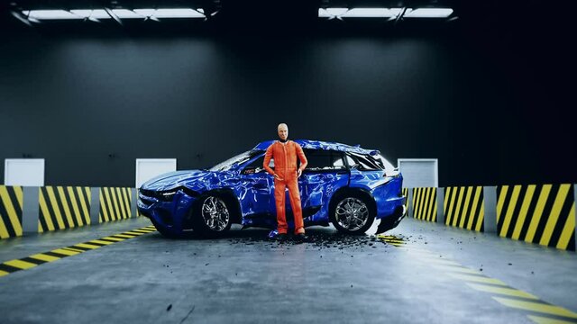 Robot crash test dummy speaking near car crash test. Future concept. Realistic 4k animation.