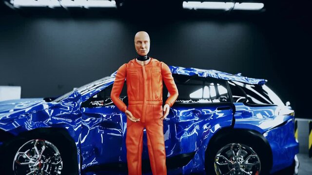 Robot crash test dummy speaking near car crash test. Future concept. Realistic 4k animation.