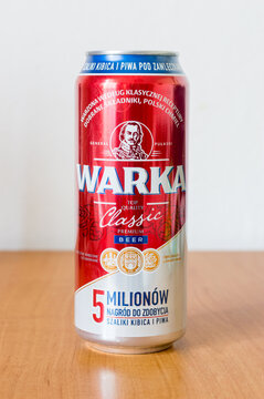 Deblin, Poland - June 14, 2021: Can of Warka classic premium beer.
