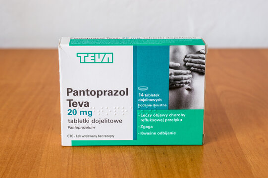 Deblin, Poland - June 14, 2021: Teva Pantoprazol tabs.