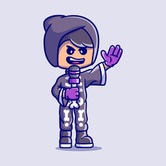 cute halloween boy singing in skeleton costume