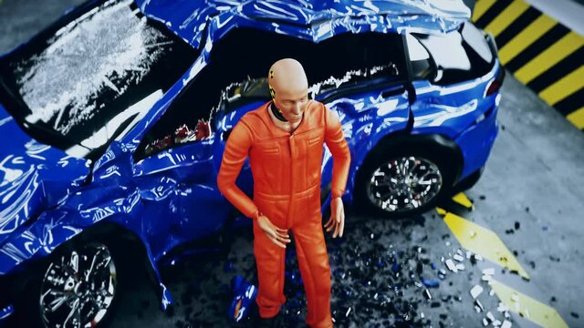Robot crash test dummy speaking near car crash test. Future concept. Realistic 4k animation.