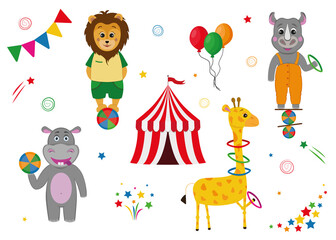 Circus. Vector illustrations on a poster for a circus show with animals, hippo, rhino, giraffe, lion, isolated objects and elements. For children's play, a print for pajamas © LesiaM