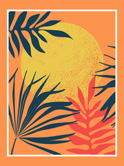 Silhouettes of tropical palm leaves at sunset. Cute decorative composition on a warm orange background. Vector.